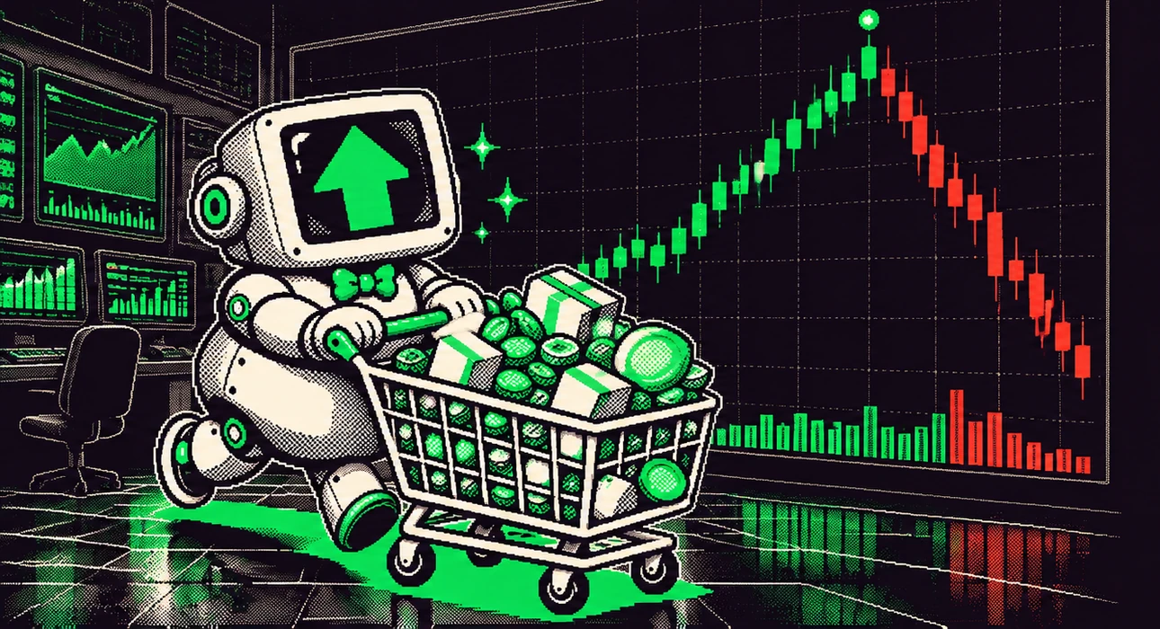 The robot pushing his cart past a chart that peaks at a green dot and then falls in red