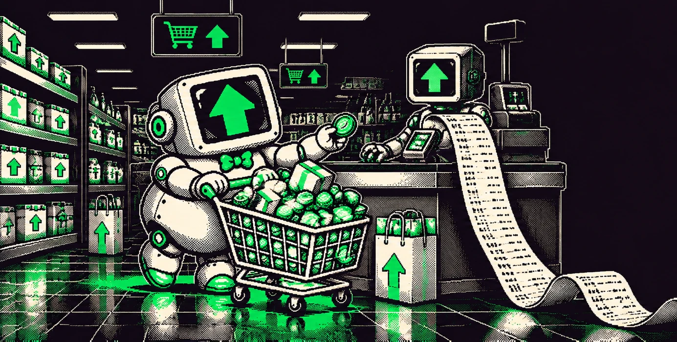 The robot at the checkout while a receipt unrolls across the floor and out of the picture