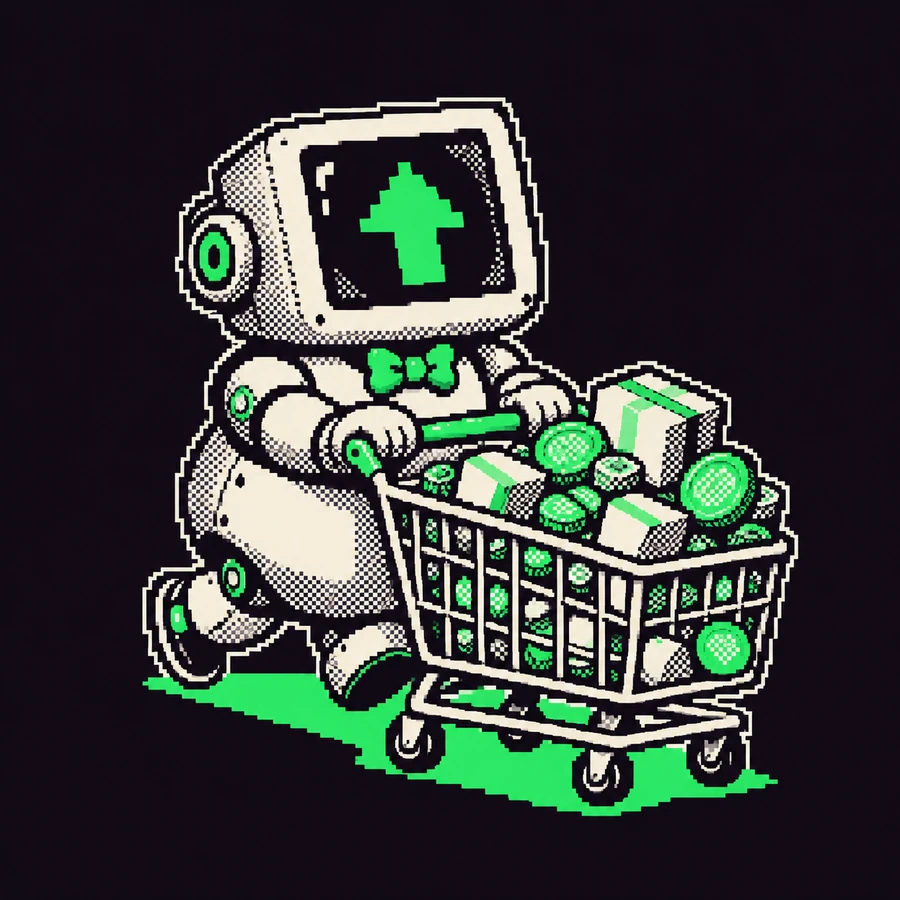 A chubby robot with a monitor for a head, green arrow up on the screen, running behind a cart piled with coins